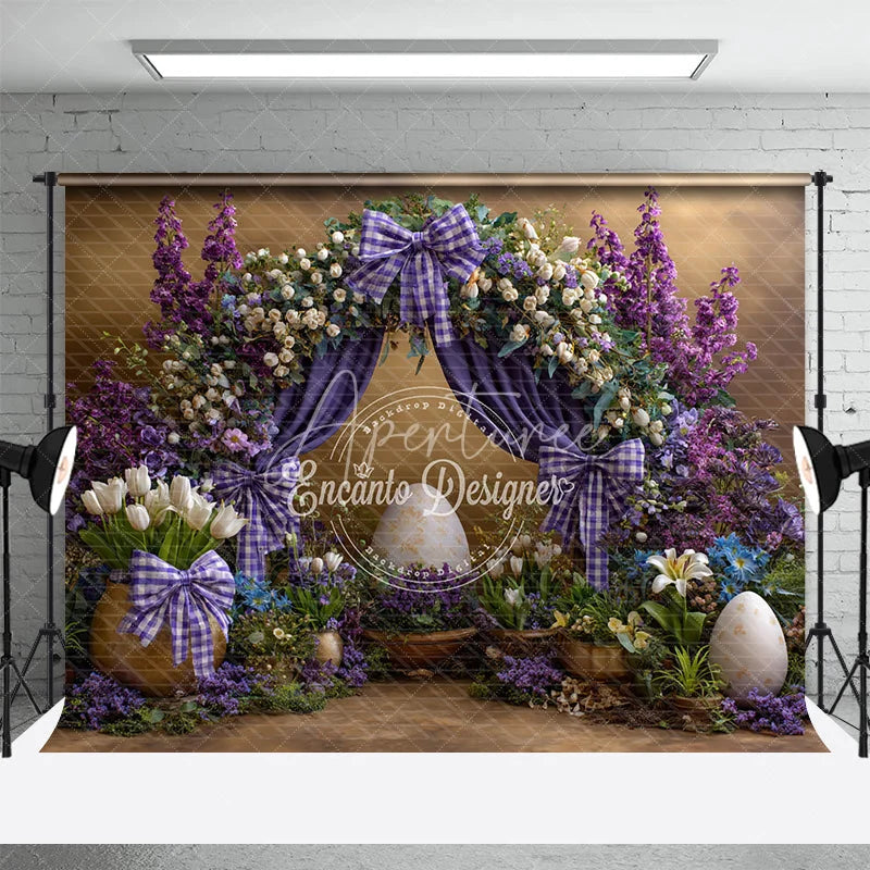 Aperturee - Aperturee Purple Floral Arch Easter Room Set Backdrop Plaid Bows and Giant Eggs Spring Photography Studio Background