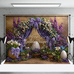 Aperturee - Aperturee Purple Floral Arch Easter Room Set Backdrop Plaid Bows and Giant Eggs Spring Photography Studio Background