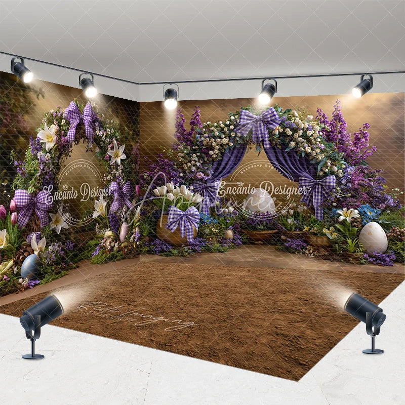 Aperturee - Aperturee Purple Floral Arch Easter Room Set Backdrop Plaid Bows and Giant Eggs Spring Photography Studio Background