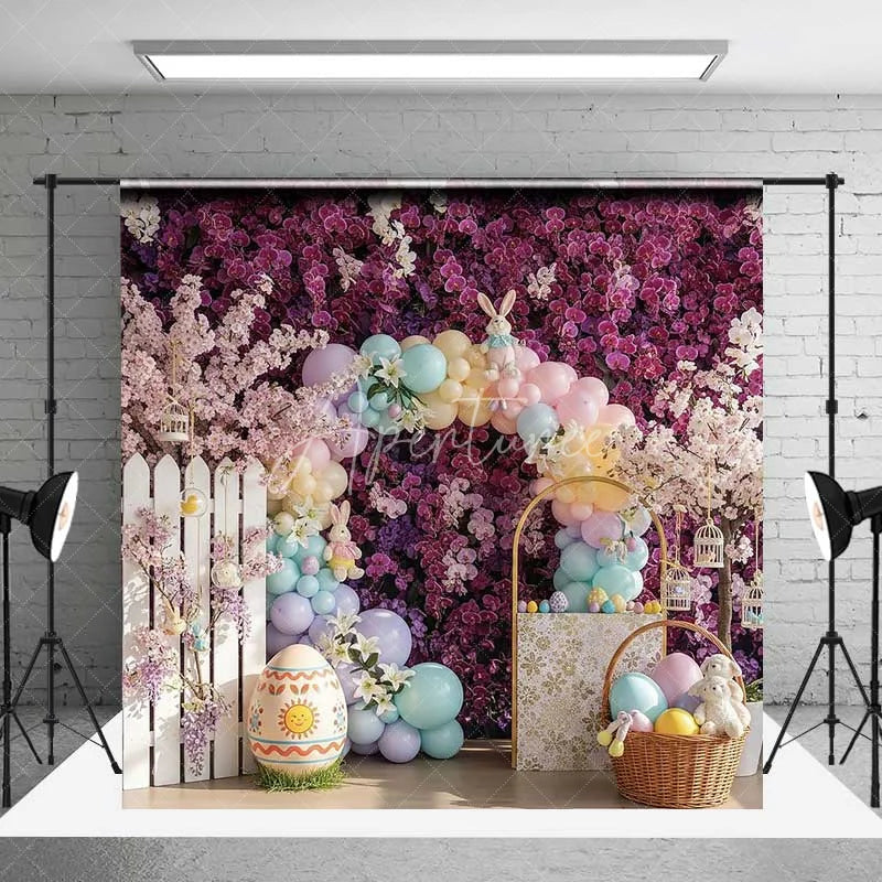 Aperturee - Aperturee Purple Floral Easter Backdrop Spring Garden Balloon Arch Bunny Photography Background Holiday Party Decoration