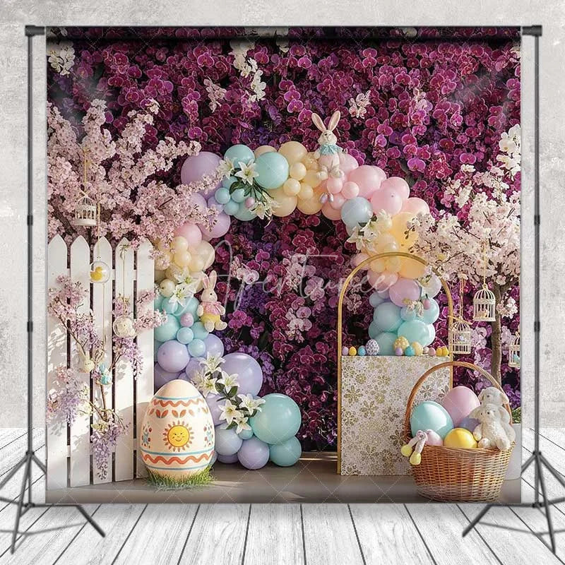 Aperturee - Aperturee Purple Floral Easter Backdrop Spring Garden Balloon Arch Bunny Photography Background Holiday Party Decoration