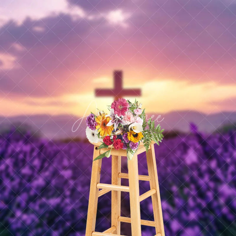 Aperturee - Aperturee Purple Floral Field Sunset Sky Cross Easter Backdrop