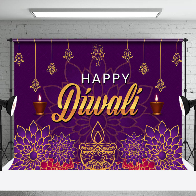 Aperturee - Aperturee Purple Floral Gold Lights Happy Diwali Backdrop