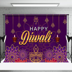 Aperturee - Aperturee Purple Floral Gold Lights Happy Diwali Backdrop