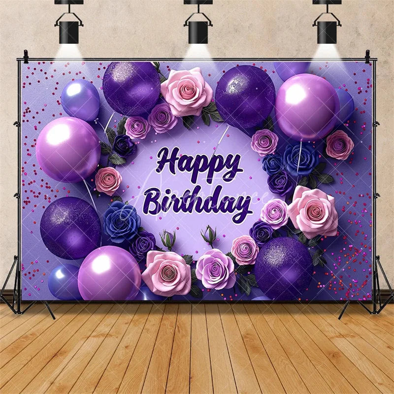 Aperturee - Aperturee Purple Floral Happy Birthday Backdrop for Her Elegant Roses and Balloons Glamorous Women’s Party Photo Booth Decor