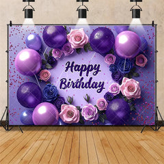 Aperturee - Aperturee Purple Floral Happy Birthday Backdrop for Her Elegant Roses and Balloons Glamorous Women’s Party Photo Booth Decor