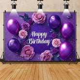 Aperturee - Aperturee Purple Floral Happy Birthday Backdrop for Her Elegant Roses and Balloons Glamorous Women’s Party Photo Booth Decor