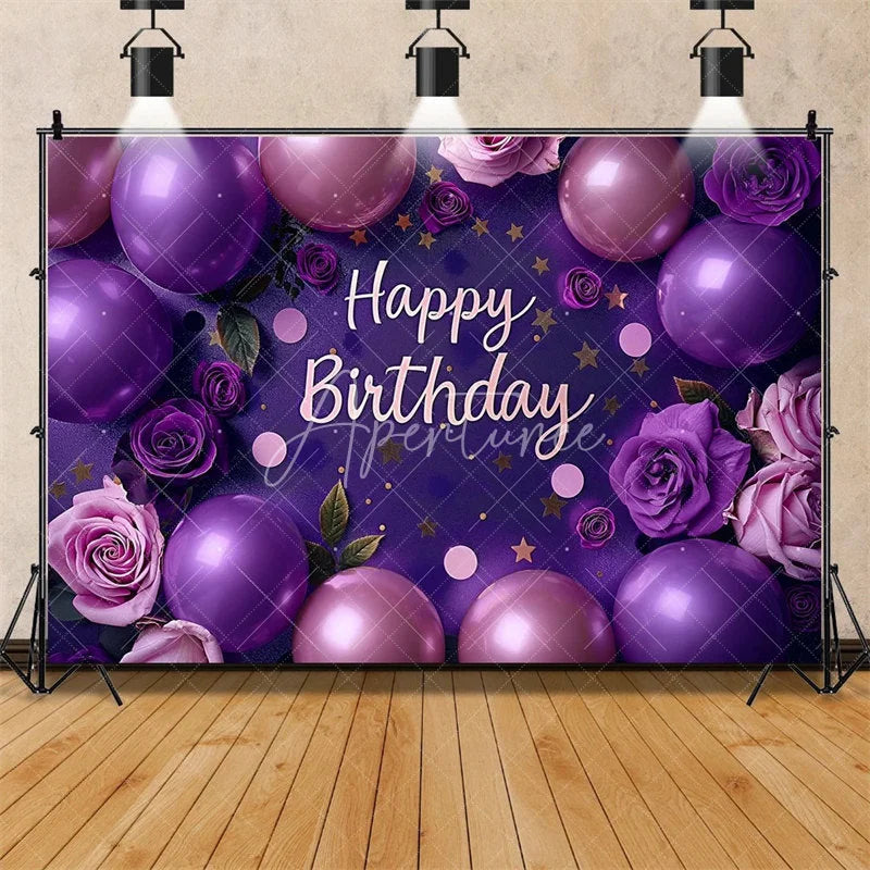 Aperturee - Aperturee Purple Floral Happy Birthday Backdrop for Her Elegant Roses and Balloons Glamorous Women’s Party Photo Booth Decor