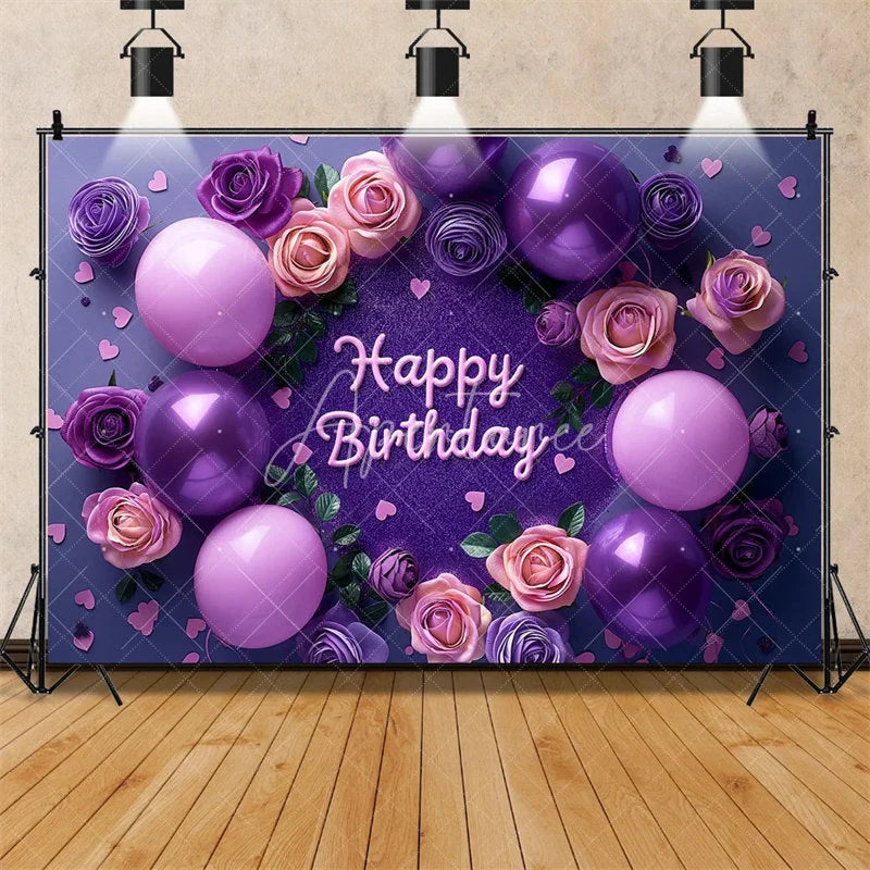 Aperturee - Aperturee Purple Floral Happy Birthday Backdrop for Her Elegant Roses and Balloons Glamorous Women’s Party Photo Booth Decor