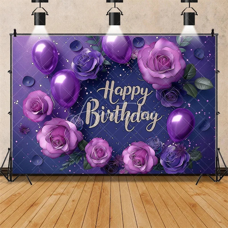 Aperturee - Aperturee Purple Floral Happy Birthday Backdrop for Her Elegant Roses and Balloons Glamorous Women’s Party Photo Booth Decor