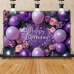Aperturee - Aperturee Purple Floral Happy Birthday Backdrop for Her Elegant Roses and Balloons Glamorous Women’s Party Photo Booth Decor