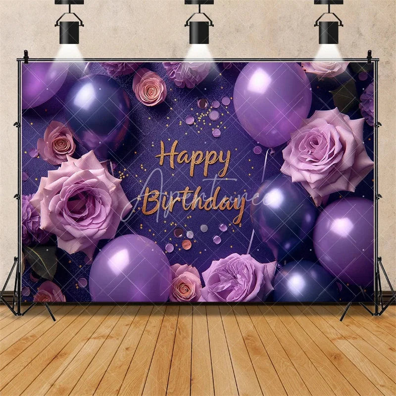 Aperturee - Aperturee Purple Floral Happy Birthday Backdrop for Her Elegant Roses and Balloons Glamorous Women’s Party Photo Booth Decor