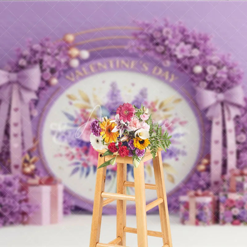 Aperturee - Aperturee Purple Floral Valentine Day Backdrop Rose Flower Wreath Bow Love Background Romantic Photography Banner