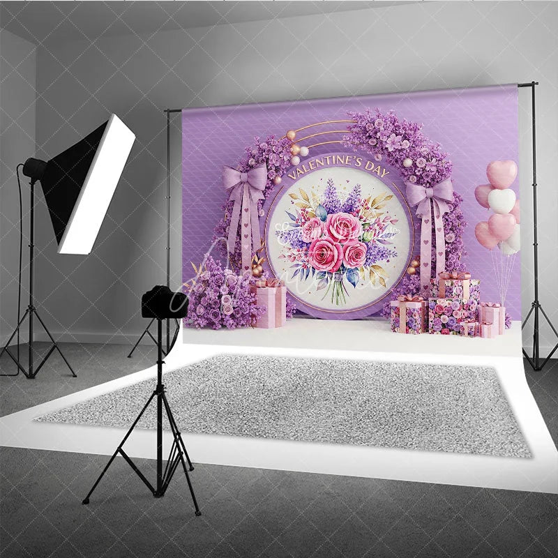 Aperturee - Aperturee Purple Floral Valentine Day Backdrop Rose Flower Wreath Bow Love Background Romantic Photography Banner