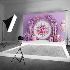 Aperturee - Aperturee Purple Floral Valentine Day Backdrop Rose Flower Wreath Bow Love Background Romantic Photography Banner