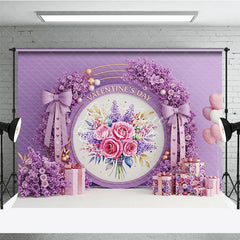 Aperturee - Aperturee Purple Floral Valentine Day Backdrop Rose Flower Wreath Bow Love Background Romantic Photography Banner