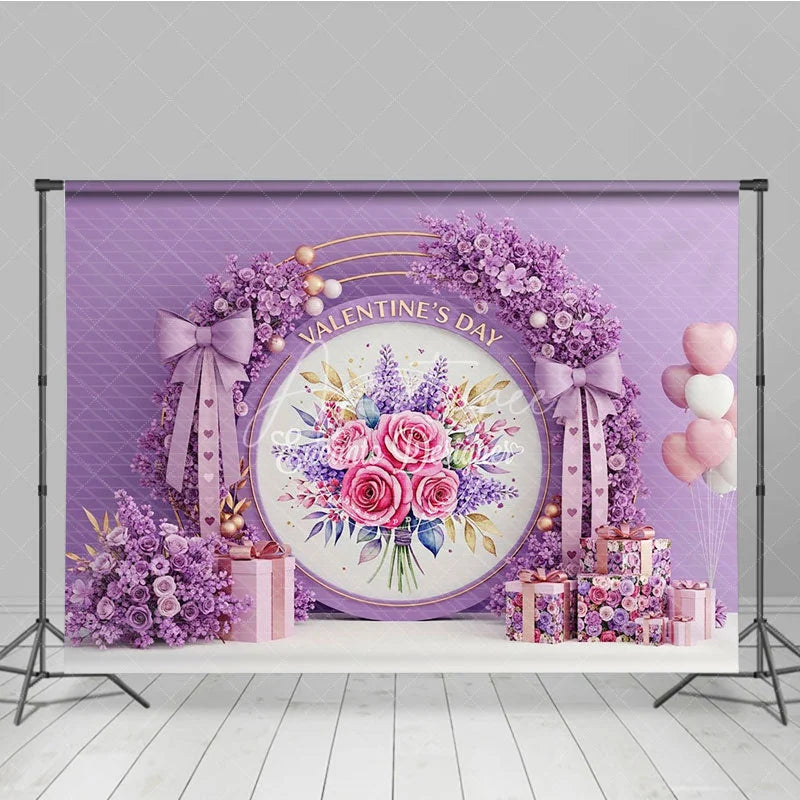 Aperturee - Aperturee Purple Floral Valentine Day Backdrop Rose Flower Wreath Bow Love Background Romantic Photography Banner