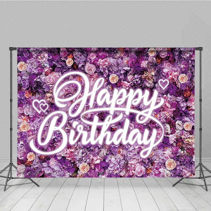 Aperturee - Aperturee Purple Floral Wall Happy Birthday Backdrop Neon Light Style Text Party Decoration