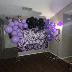 Aperturee - Aperturee Purple Floral Wall Happy Birthday Backdrop Neon Light Style Text Party Decoration
