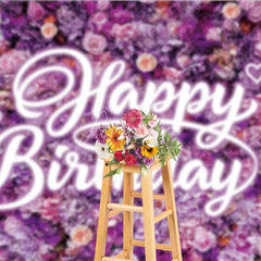 Aperturee - Aperturee Purple Floral Wall Happy Birthday Backdrop Neon Light Style Text Party Decoration