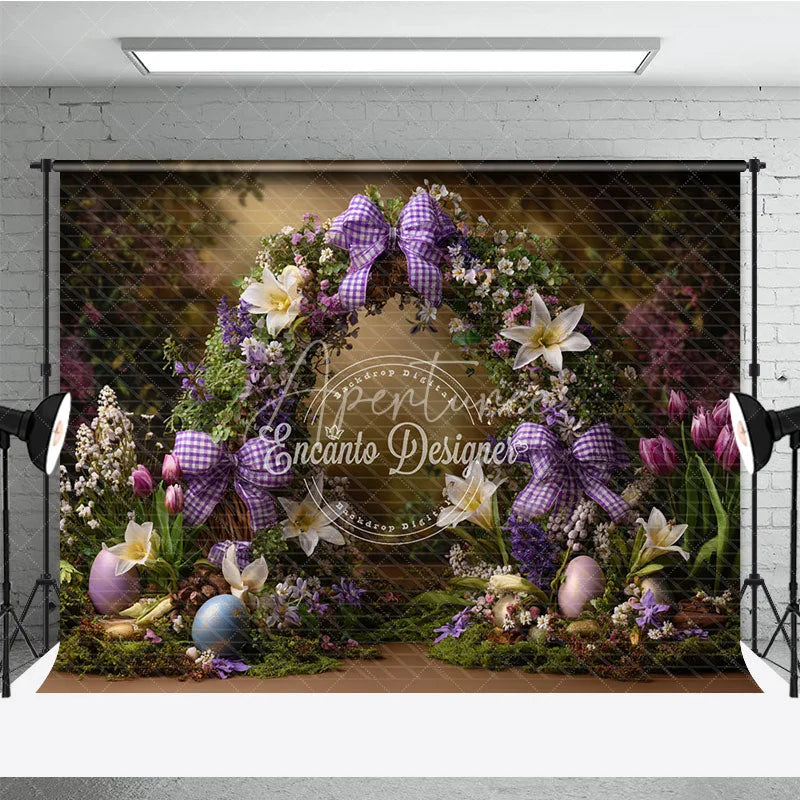 Aperturee - Aperturee Purple Floral Wreath Easter Backdrop Gingham Bow and Spring Lily Photography Background