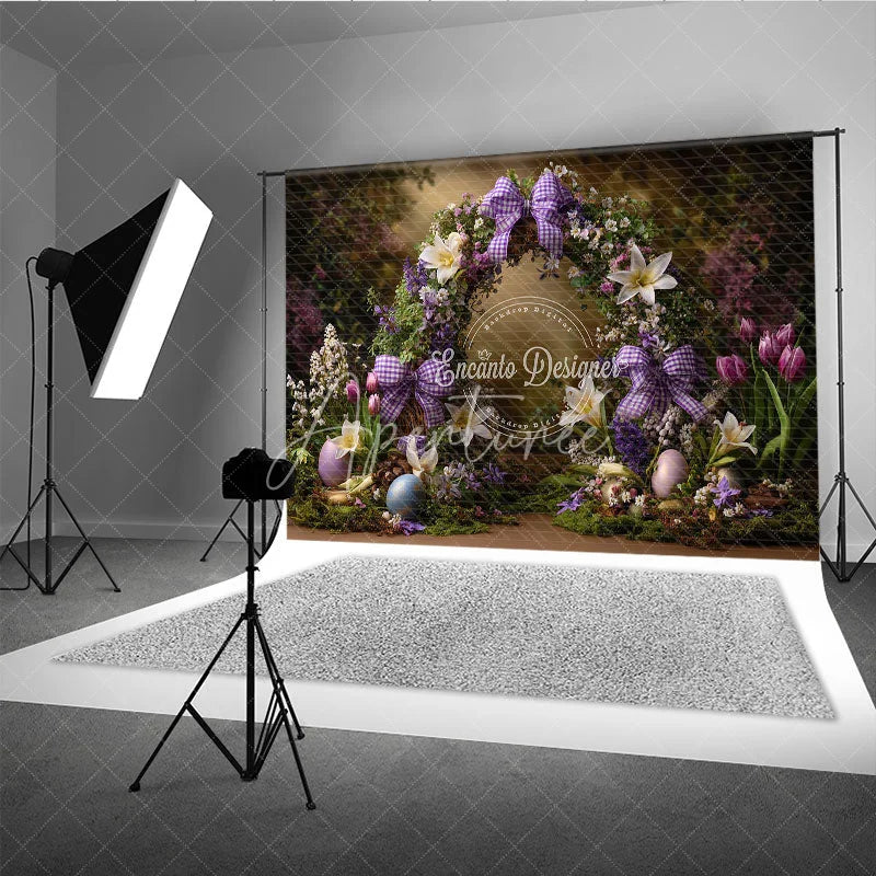 Aperturee - Aperturee Purple Floral Wreath Easter Backdrop Gingham Bow and Spring Lily Photography Background