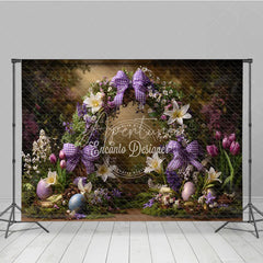 Aperturee - Aperturee Purple Floral Wreath Easter Backdrop Gingham Bow and Spring Lily Photography Background