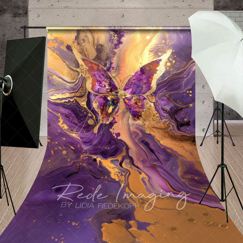 Aperturee - Aperturee Purple Gold Abstract Butterfly Fine Art Sweep Backdrop