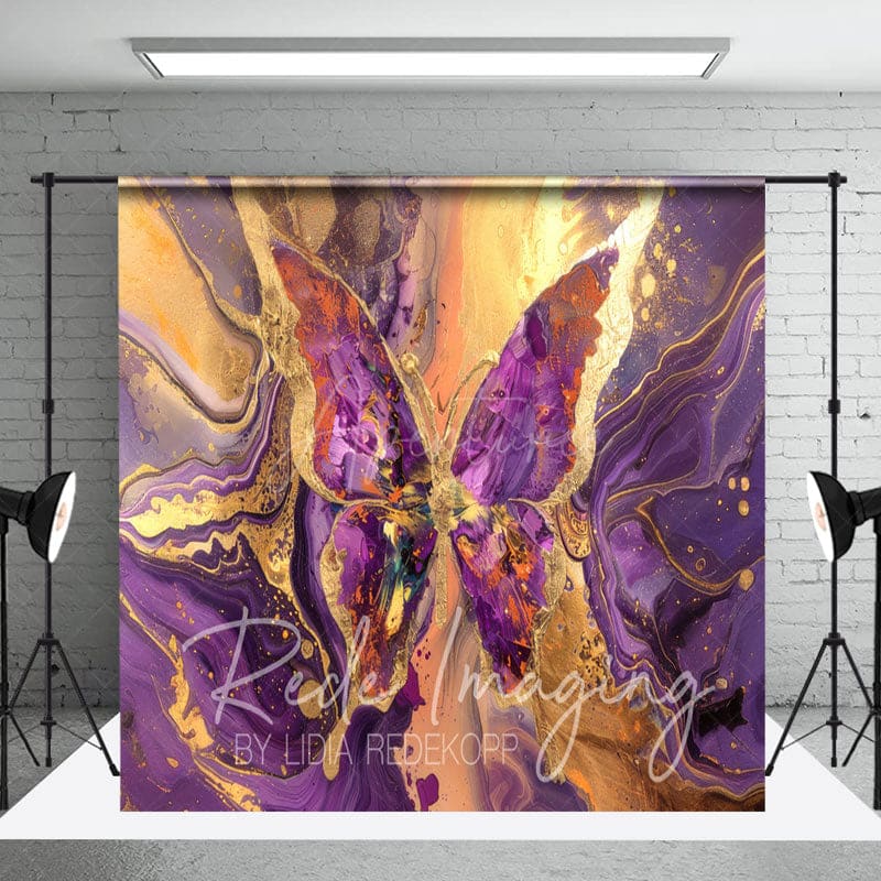 Aperturee - Aperturee Purple Gold Abstract Butterfly Room Set Backdrop