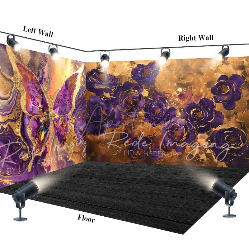 Aperturee - Aperturee Purple Gold Abstract Butterfly Room Set Backdrop
