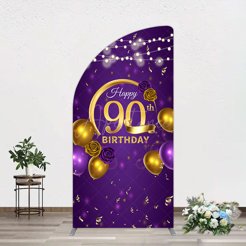 Aperturee - Aperturee Purple Gold Balloon Lights Birthday Half Moon Arch Backdrop
