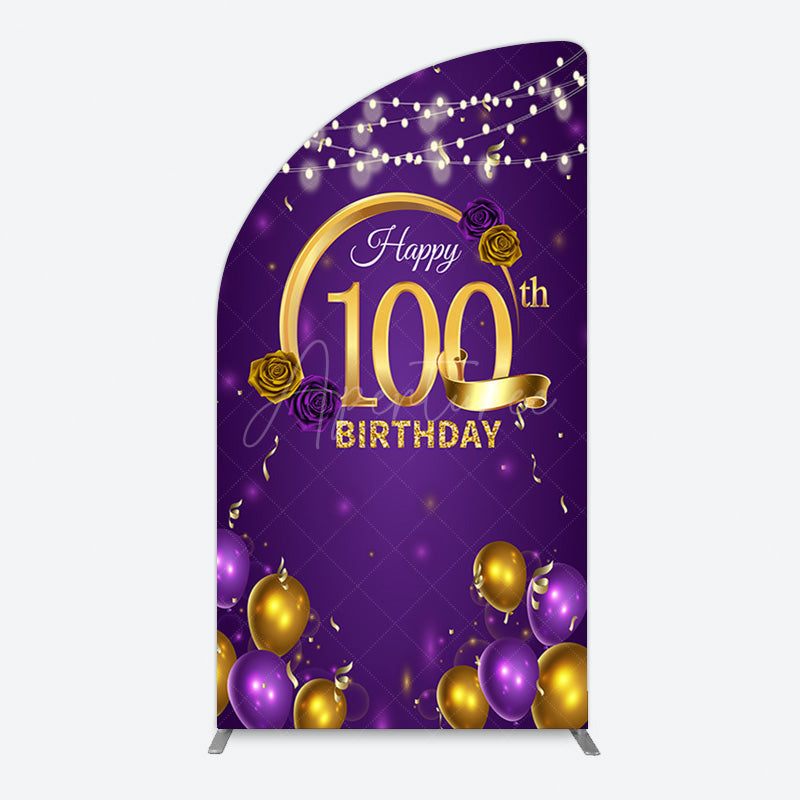 Aperturee - Aperturee Purple Gold Balloons 100th Birthday Half Moon Arch Backdrop