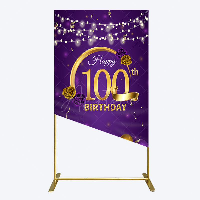 Aperturee - Aperturee Purple Gold Balloons 100th Birthday Rectangle Backdrop