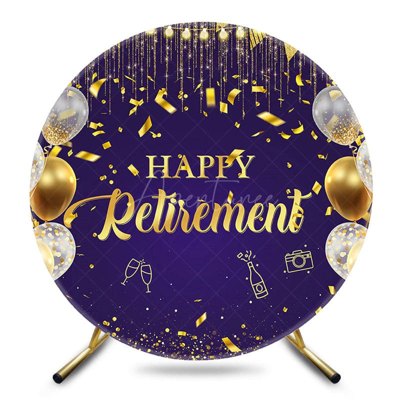 Aperturee - Aperturee Purple Gold Balloons Ribbon Round Retirement Backdrop