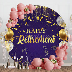 Aperturee - Aperturee Purple Gold Balloons Ribbon Round Retirement Backdrop