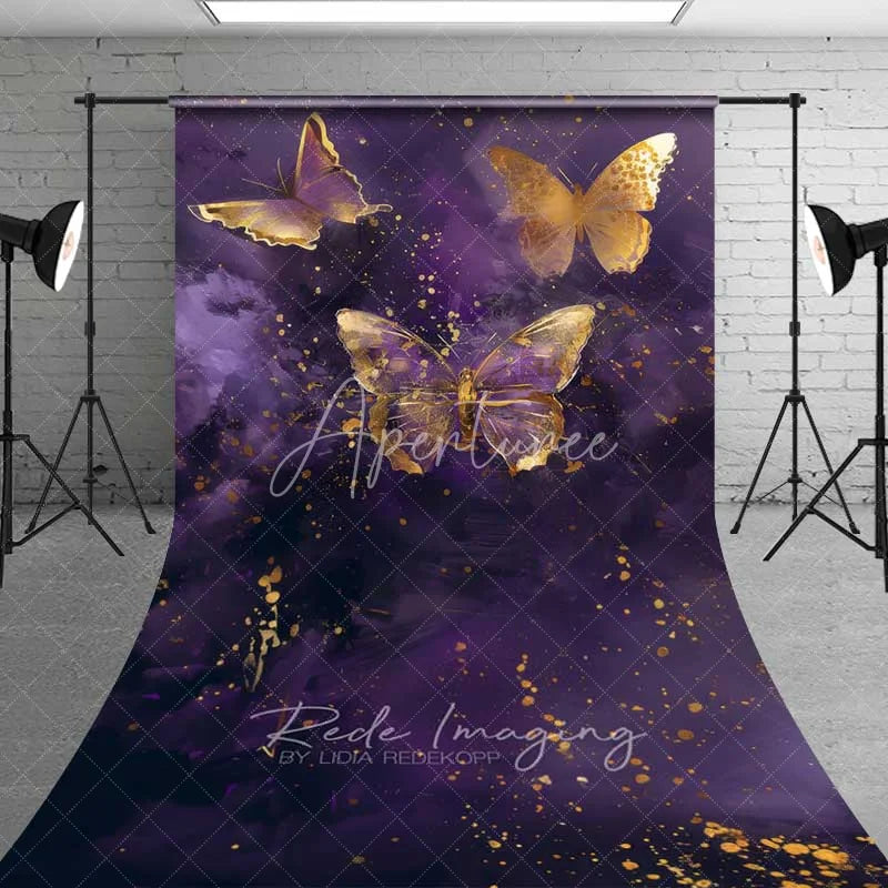 Aperturee - Aperturee Purple Gold Butterfly Sweep Photo Backdrop Elegant Insect Art Background Dreamy Fantasy Wing Floor Prop