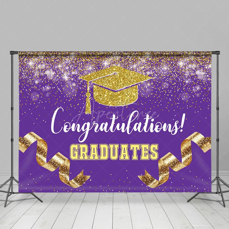 Aperturee - Aperturee Purple Gold Glitter Ribbons Congrats Grad Backdrop