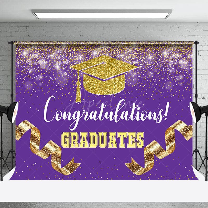 Aperturee - Aperturee Purple Gold Glitter Ribbons Congrats Grad Backdrop