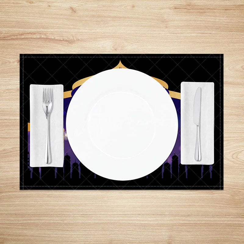 Aperturee - Aperturee Purple Gold Ramadan Set of 4 Placemats Ornate Moon and Lanterns Mosque Silhouette Eid Mubarak Table Mats