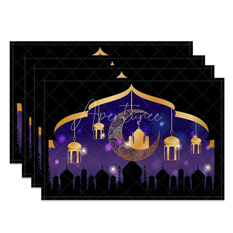 Aperturee - Aperturee Purple Gold Ramadan Set of 4 Placemats Ornate Moon and Lanterns Mosque Silhouette Eid Mubarak Table Mats