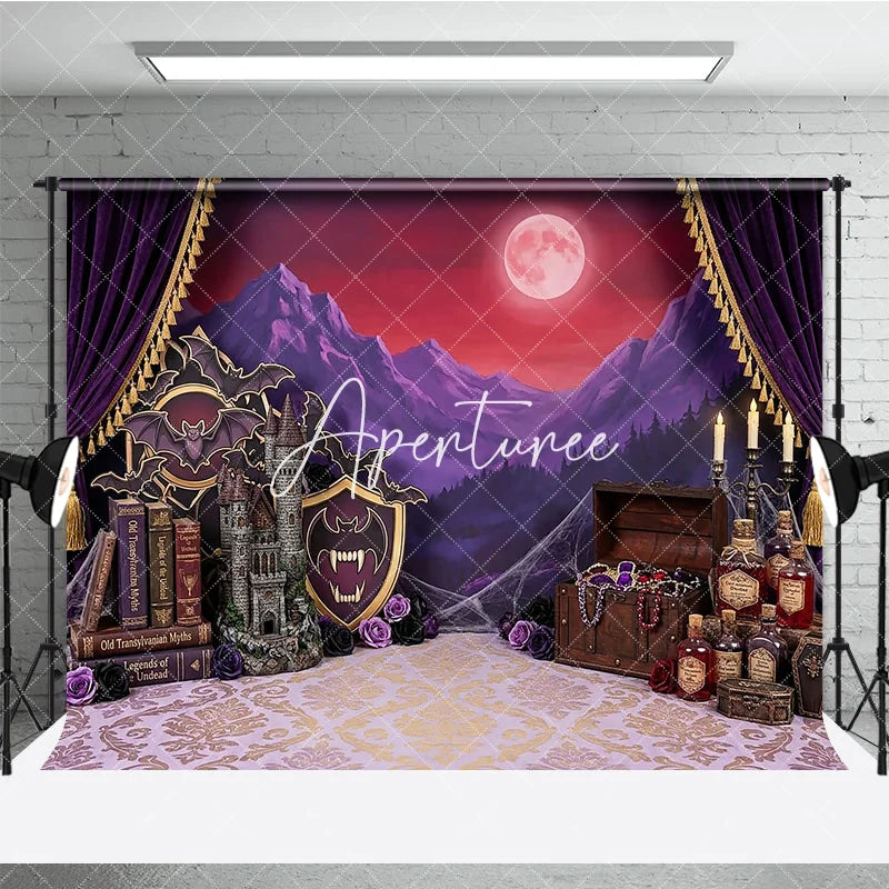 Aperturee - Aperturee Purple Gothic Castle Full Moon Photography Backdrop Vampire Halloween Party Decor with Bats and Treasure Chest