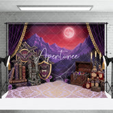 Aperturee - Aperturee Purple Gothic Castle Full Moon Photography Backdrop Vampire Halloween Party Decor with Bats and Treasure Chest