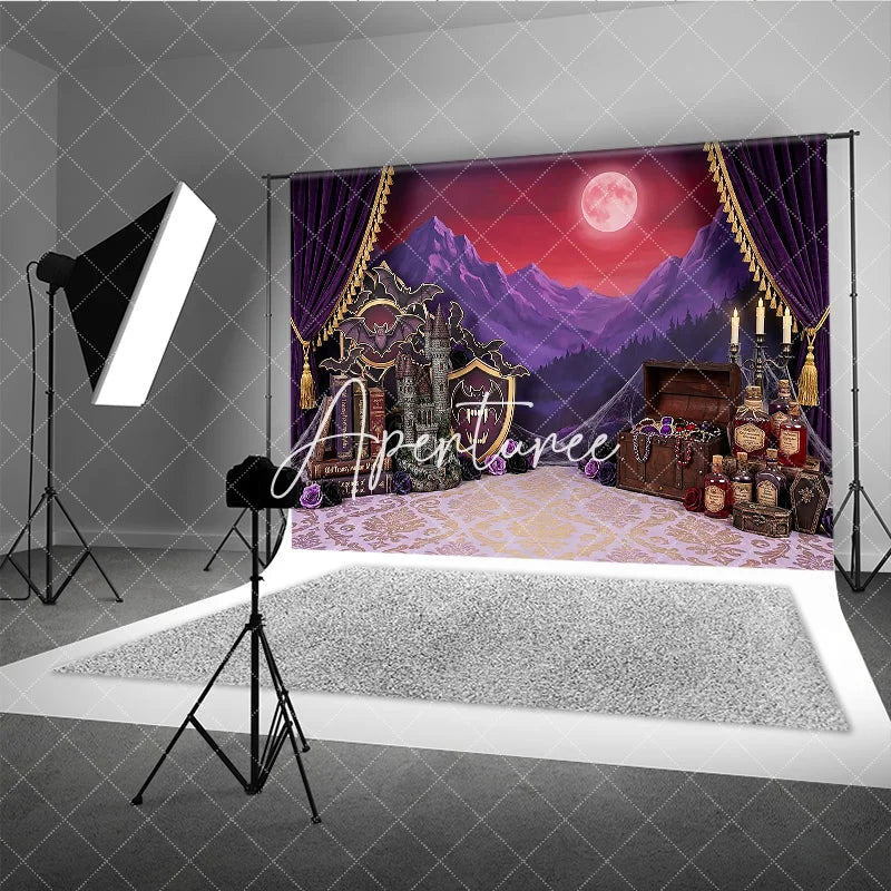 Aperturee - Aperturee Purple Gothic Castle Full Moon Photography Backdrop Vampire Halloween Party Decor with Bats and Treasure Chest