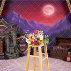 Aperturee - Aperturee Purple Gothic Castle Full Moon Photography Backdrop Vampire Halloween Party Decor with Bats and Treasure Chest