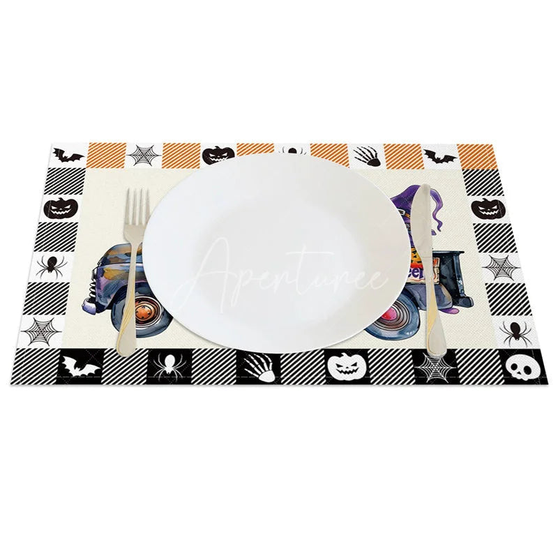 Aperturee - Aperturee Purple Halloween Gnome Truck Set of 4 Placemats with Plaid Border for Fun and Spooky Farmhouse Decor