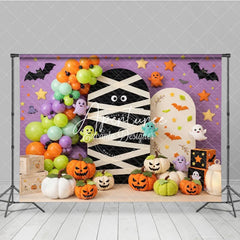 Aperturee - Aperturee Purple Halloween Photography Backdrop with Mummy Cute Ghosts Jack-o’-Lanterns and Balloons Autumn Party Decor