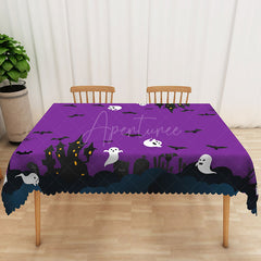 Aperturee - Aperturee Purple Halloween Rectangle Tablecloth with Black Bats and Ghosts for Spooky Night Party Decorations
