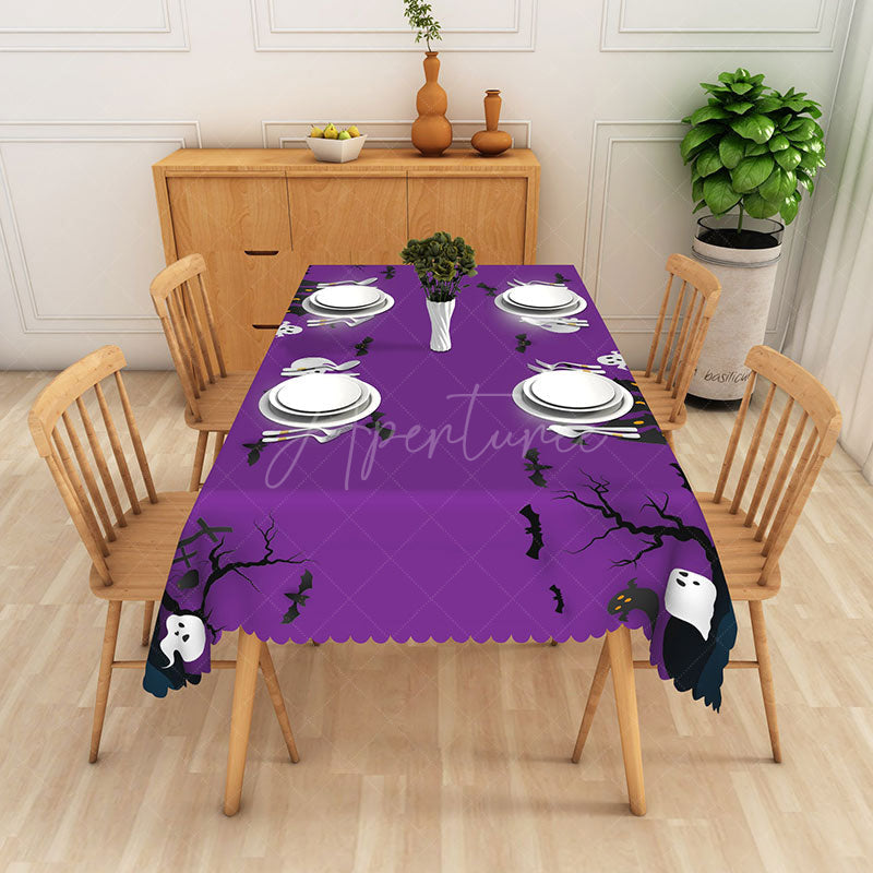Aperturee - Aperturee Purple Halloween Rectangle Tablecloth with Black Bats and Ghosts for Spooky Night Party Decorations