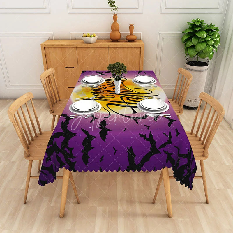 Aperturee - Aperturee Purple Halloween Rectangle Tablecloth with Black Moon and Bats for Spooky Night and Gothic Party Decor
