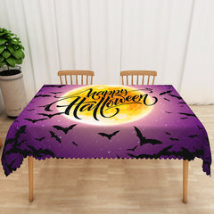Aperturee - Aperturee Purple Halloween Rectangle Tablecloth with Black Moon and Bats for Spooky Night and Gothic Party Decor